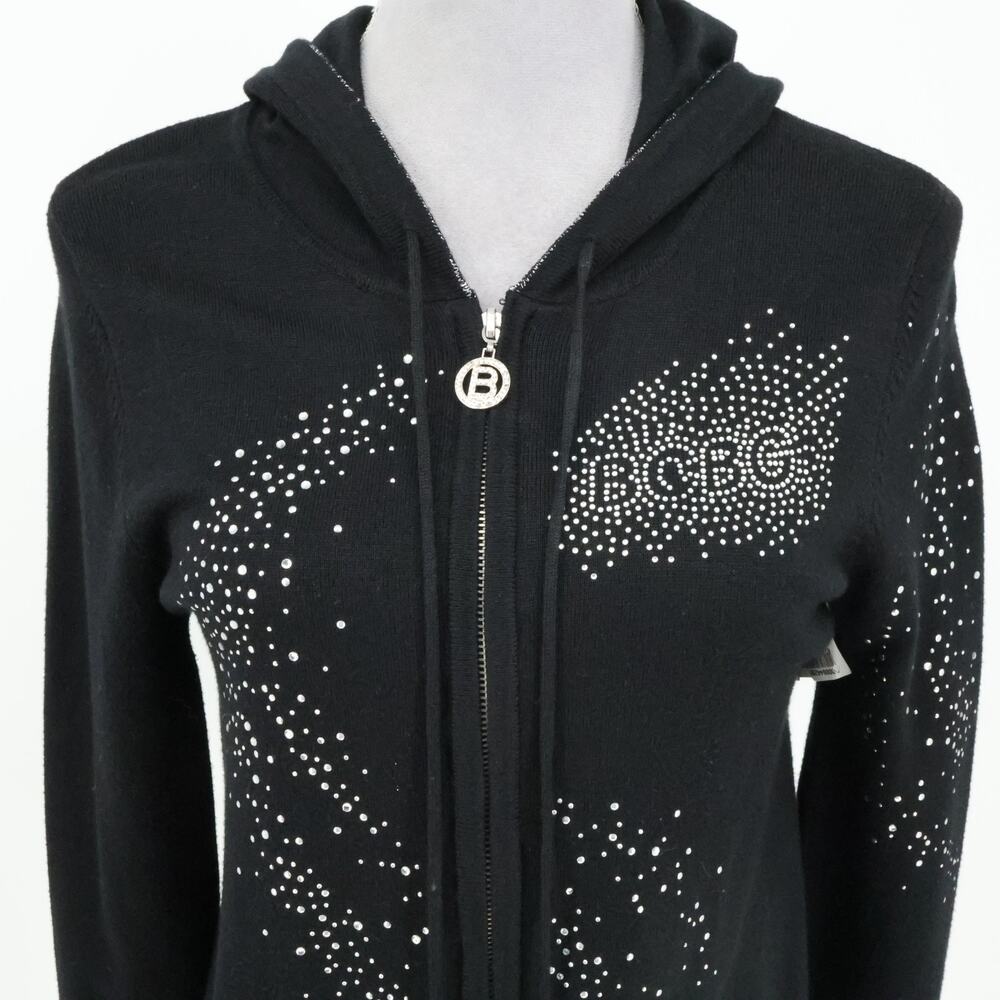 BCBG Max Azria Jacket Juniors Large Black Hooded Pockets Rhinestones Full Zip - Picture 11 of 16